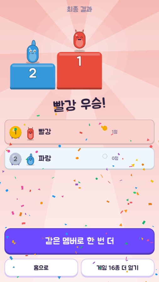 최종 결과 화면. 시상대 1단에 빨강, 2단에 파랑 캐릭터가 서 있고 아래에 순위표와 같은 멤버로 한 번 더 버튼이 있다.